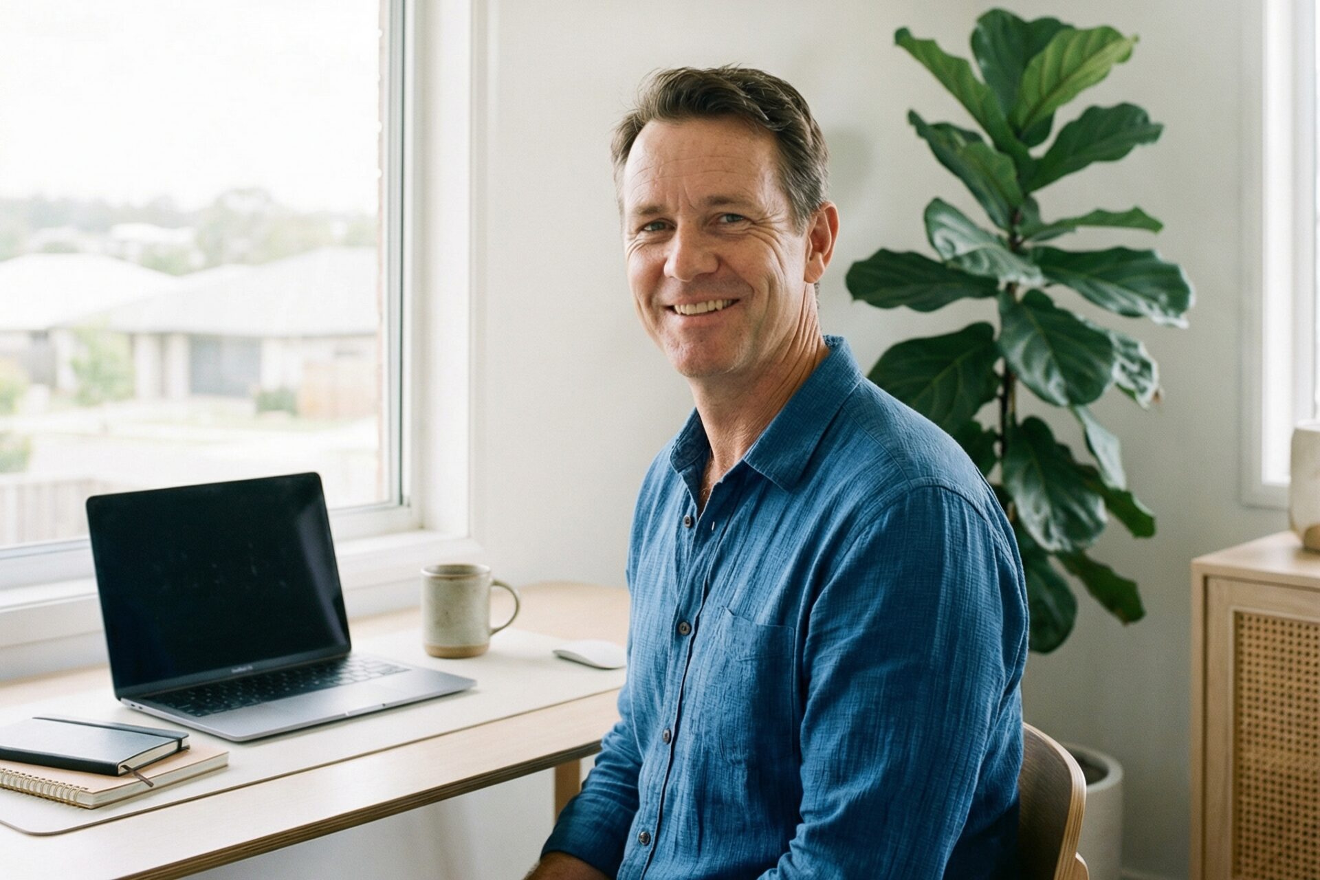 Man smiling at desk with laptop and plant.