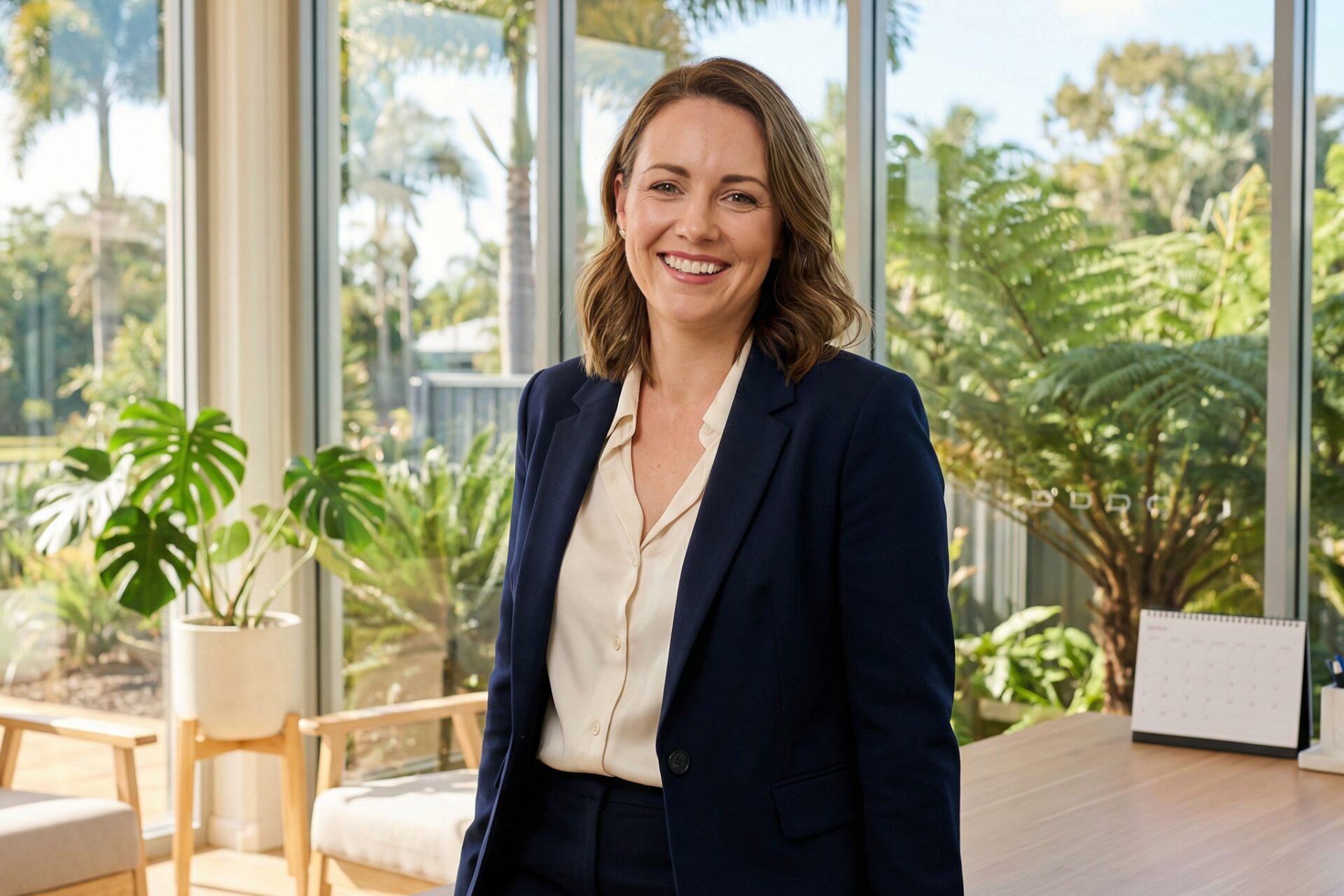 Person smiling in office with plants and calendar.